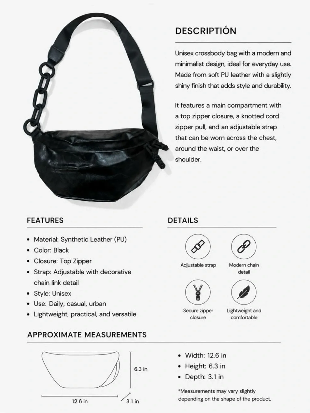 Women's Black Leather Crossbody Belt Bag with Chain Strap